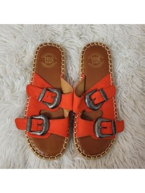 True Craft Orange Double Buckle Suede Slip On Espadrille Slide Sandals Size 7
